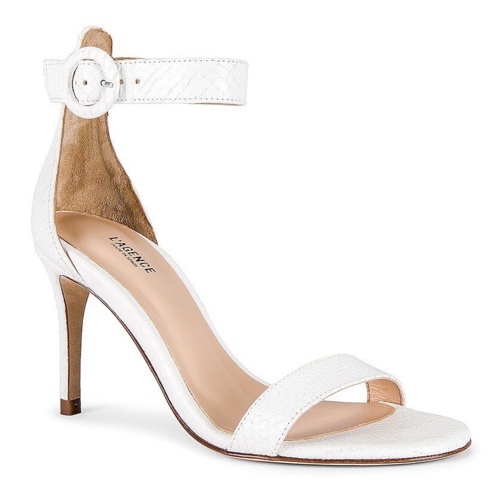 NWT L'AGENCE Gisele II Heel White‎ Snake Leather Stiletto Open Toe Sandal Size 6